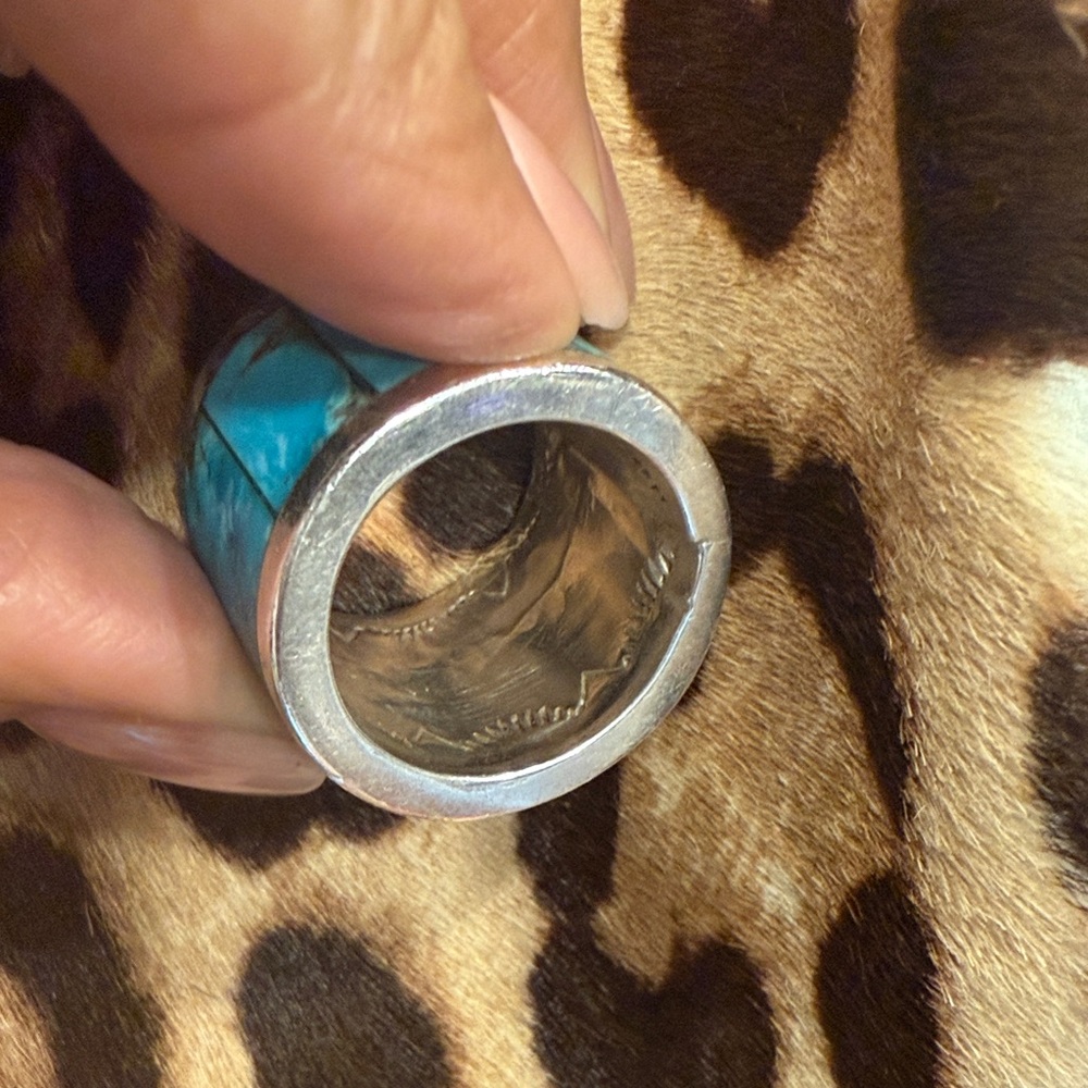 Sterling Silver Turquoise & Coral Inlay Wide Band Ring - Blue & Red. Navajo - Picture 2 of 4